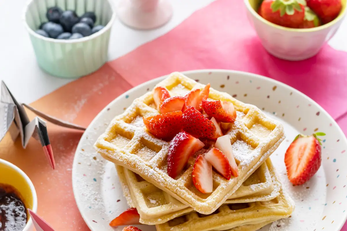 A golden, crispy Belgian waffle topped with fresh berries, powdered sugar, and maple syrup.